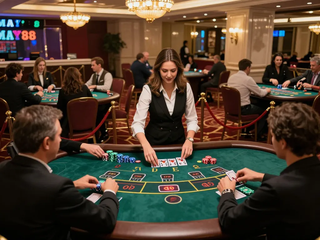 MAY88 players enjoying blackjack at an upscale casino with vibrant tables and professional croupier.