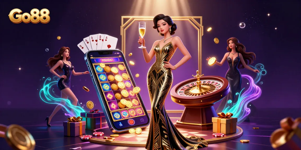 Experience thrilling casino action with Go88, featuring stylish poker elements and vibrant gaming icons.