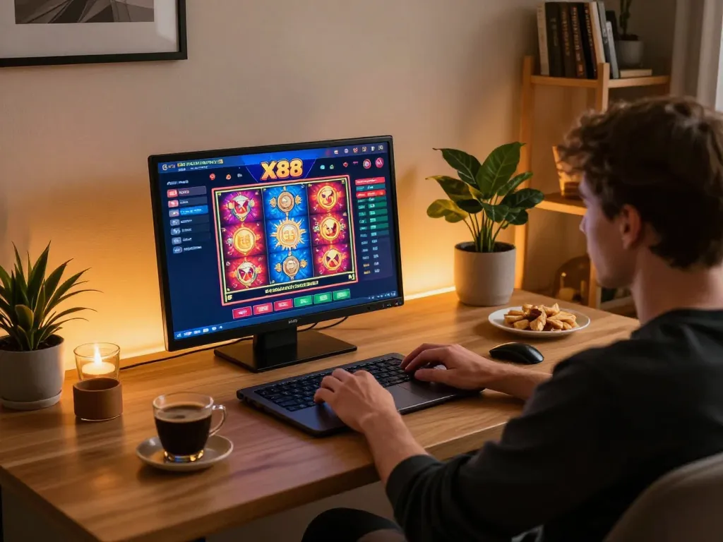 X88 player engaging with an online slot game from home, enjoying a cozy gaming atmosphere.