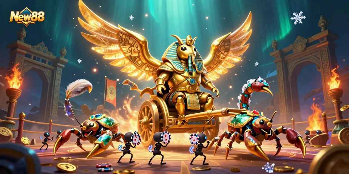 Experience the thrill of New88 with a colorful 3D scene of gaming action, rich with symbols of fortune.
