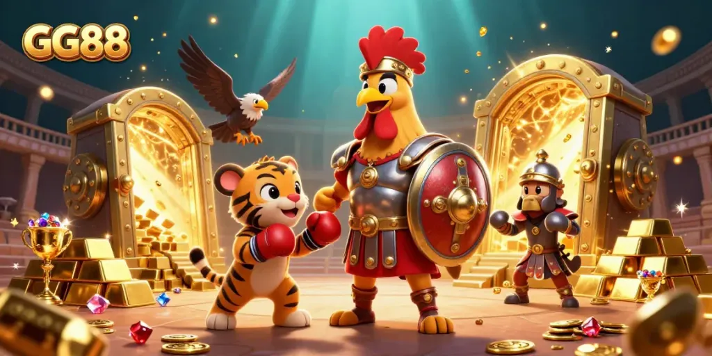 Experience the thrilling action of GG88 with a gladiator rooster and treasures amidst a vibrant casino scene.