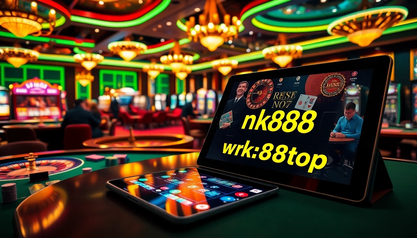 Engaging gamble scene featuring online gambling interface https://nk88top.com/ at luxurious casino table.