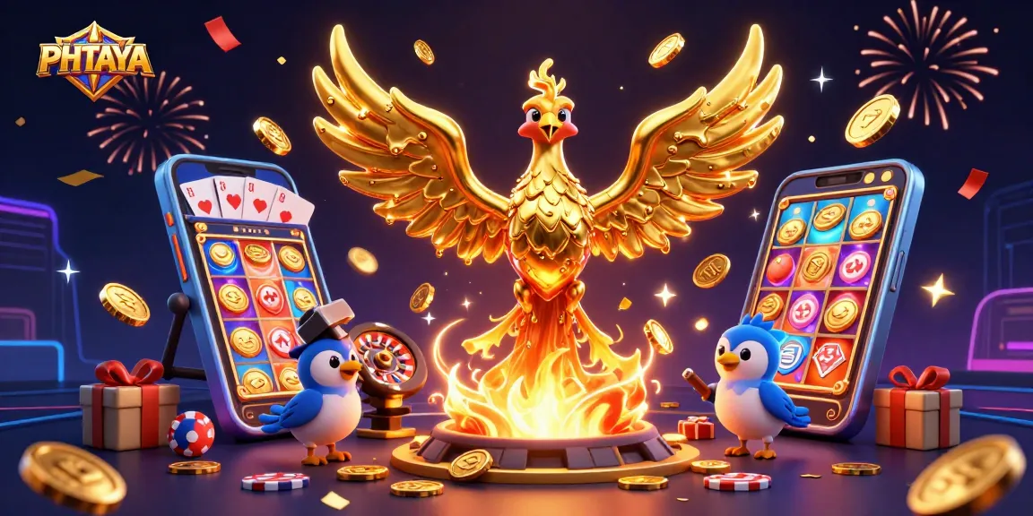 PHTAYA immerses players in vibrant golden gaming action with a golden phoenix and dynamic casino elements.