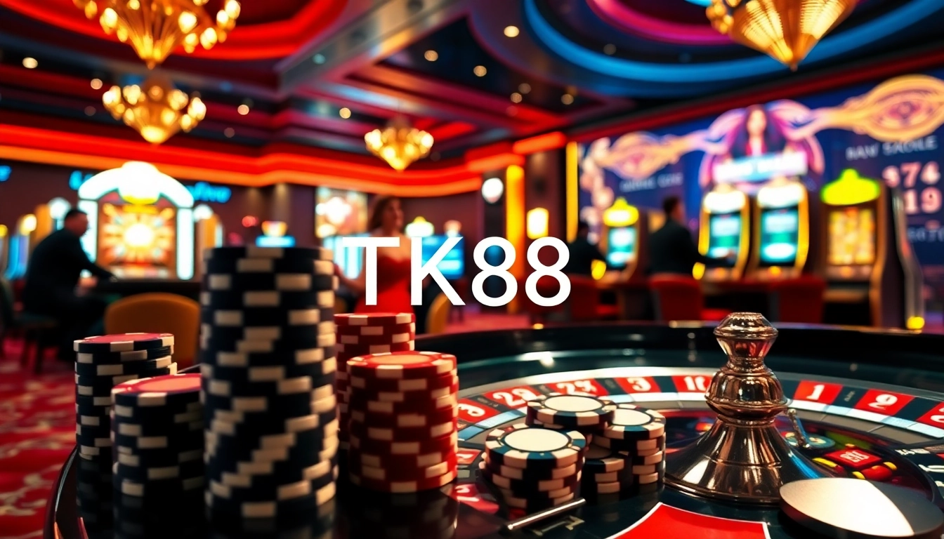 Engaging players at a TK88 casino table with vibrant poker chips and slot machines.