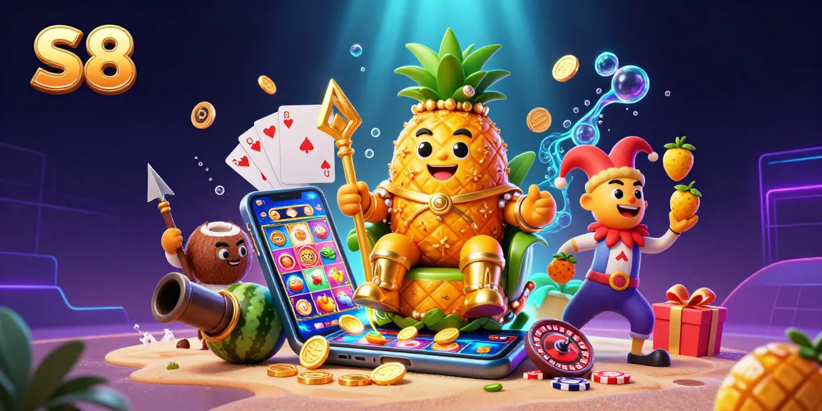 S8 casino scene with a golden pineapple king, coconut guards, and vibrant slot games.