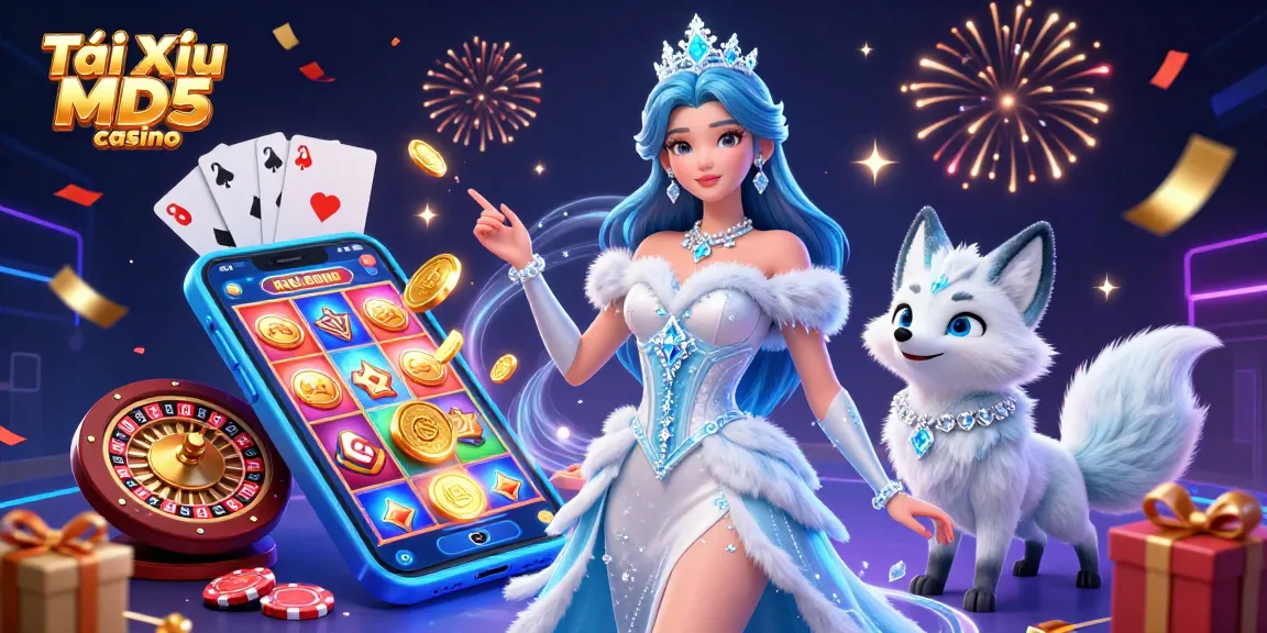 Tài Xỉu MD5 casino illustration featuring a luxury casino scene with a beautiful arctic fox and slot game elements.