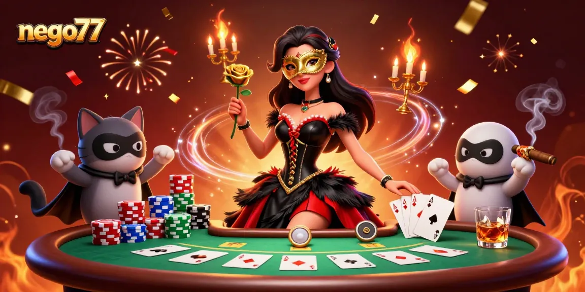 Nego77 players enjoy a thrilling game scene with poker chips and cards, captured in vibrant colors.