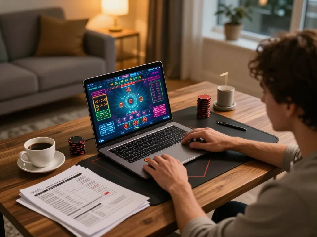 Player engaging with ko66biz blackjack online at home, showcasing a stylish gaming setup.