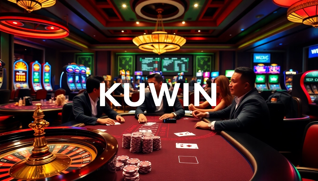 Experience the thrill of gaming at KUWIN's luxury casino, featuring poker tables and vibrant slot machines.