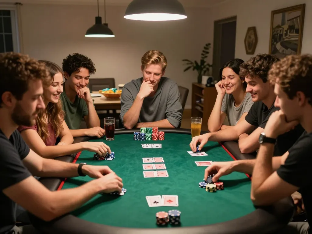 Engaging friends at a home poker night playing nk88 with vibrant chips and strategic gameplay