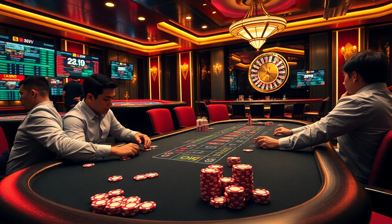 Experience the thrill of 88vv at a high-stakes poker table with engaged players and vibrant chips.