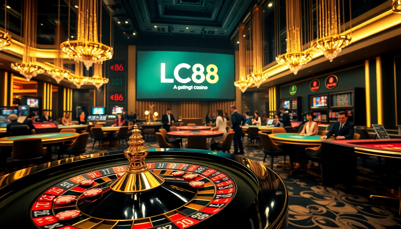 Experience the excitement of LC88 casino with players around roulette and blackjack tables.