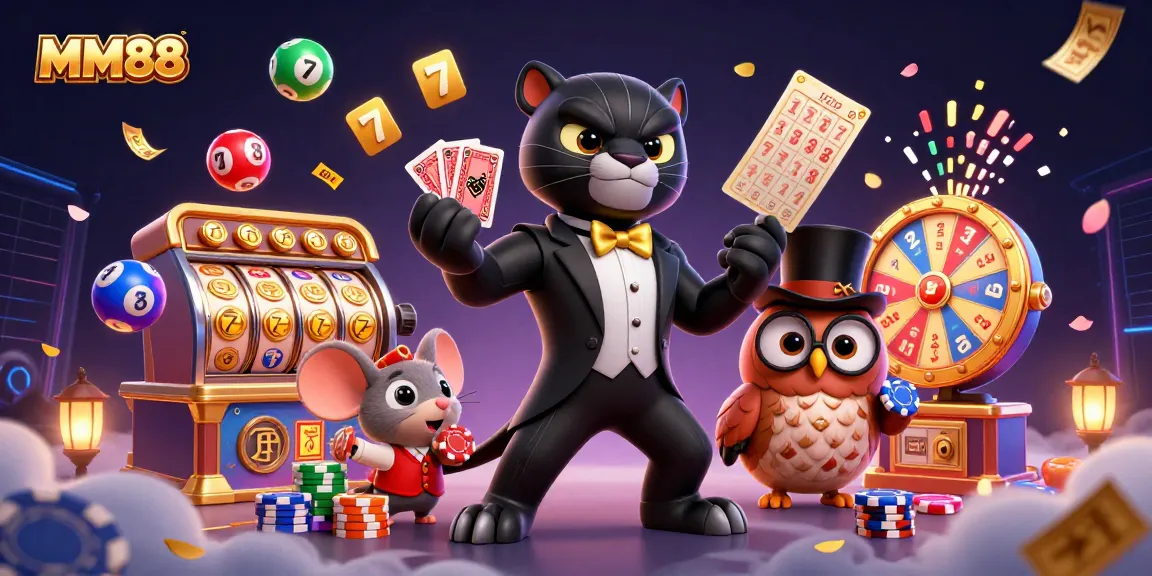 MM88 showcases a lively scene with a black panther dealer and vibrant casino elements.