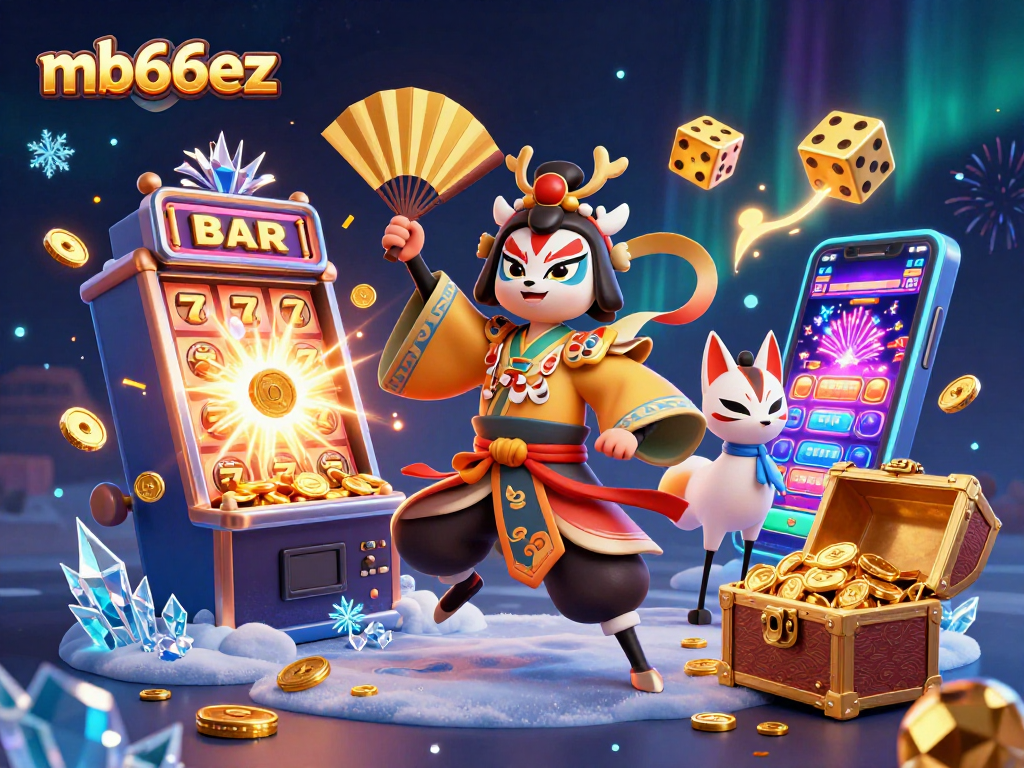 mb66ez showcases a thrilling scene with a kabuki warrior, slot machine burst, and vibrant casino elements.