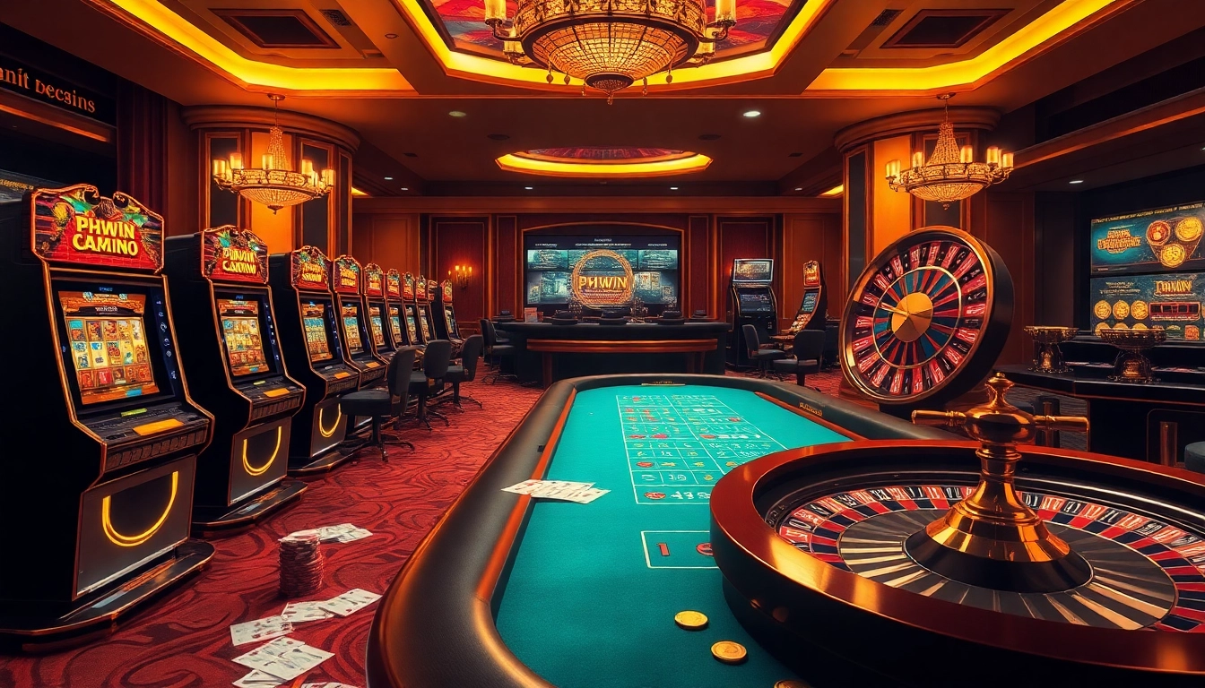 PHWIN casino experience showcasing vibrant slot machines and poker tables in a luxurious virtual environment.