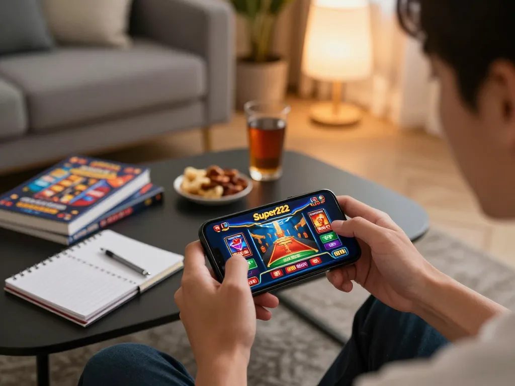Engaged in gameplay on Super222 mobile casino app, showcasing vibrant gaming atmosphere