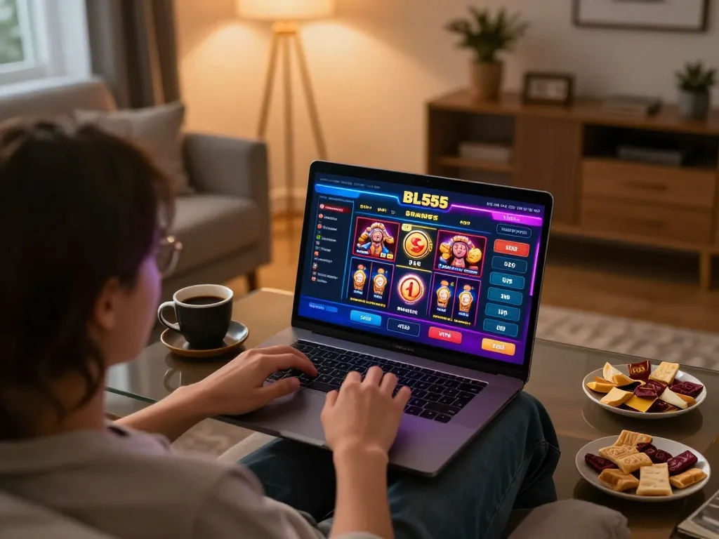 Engaging scene of a player enjoying BL555 online casino games in a cozy home environment.