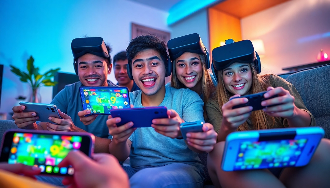nk88 gaming scene with players enjoying vibrant online games on high-tech devices.