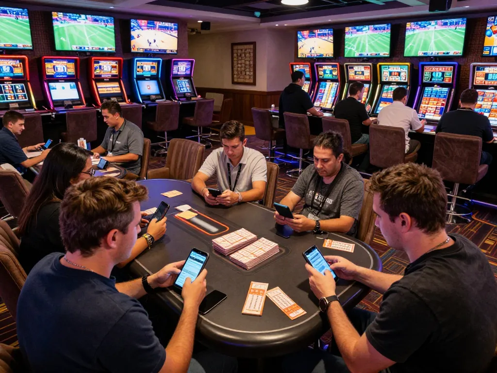 Engaged patrons placing bets at BL555's sports betting lounge, showcasing vibrant atmosphere.