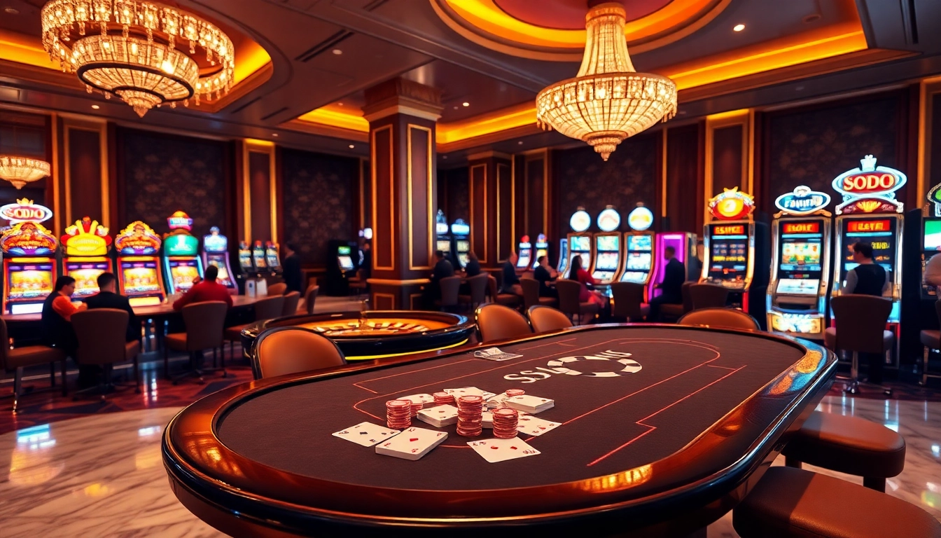 SODO CASINO poker table showcasing vibrant chips and high-stakes games in a luxurious atmosphere.