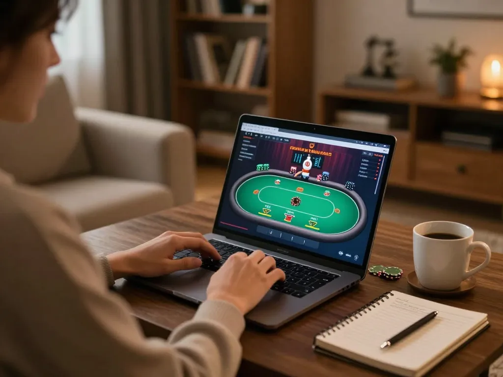 TT88 COM gamer analyzing poker strategies on laptop in a cozy home setting.