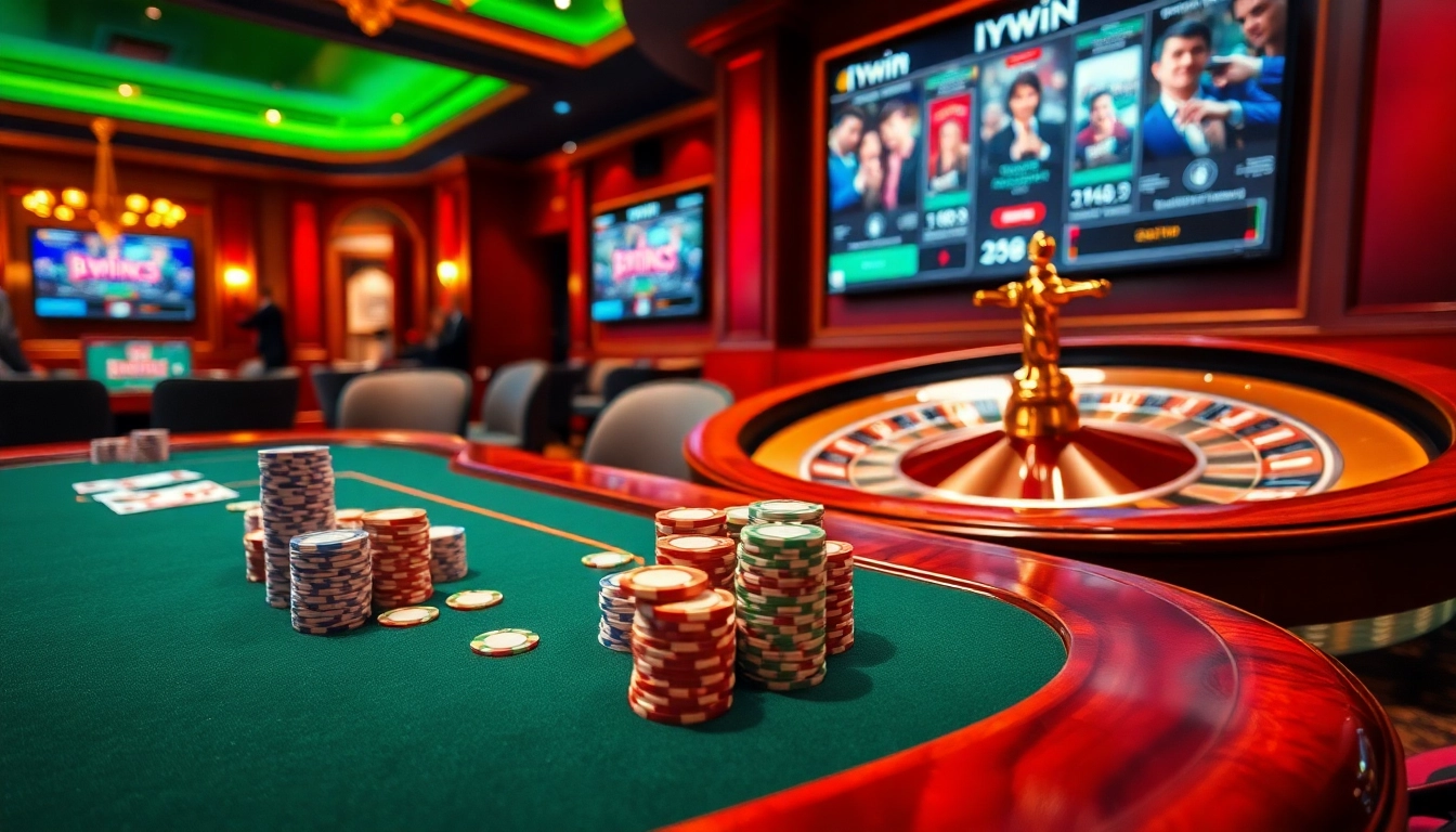 Iwin online casino scene showing poker action with vibrant colors and luxurious atmosphere.