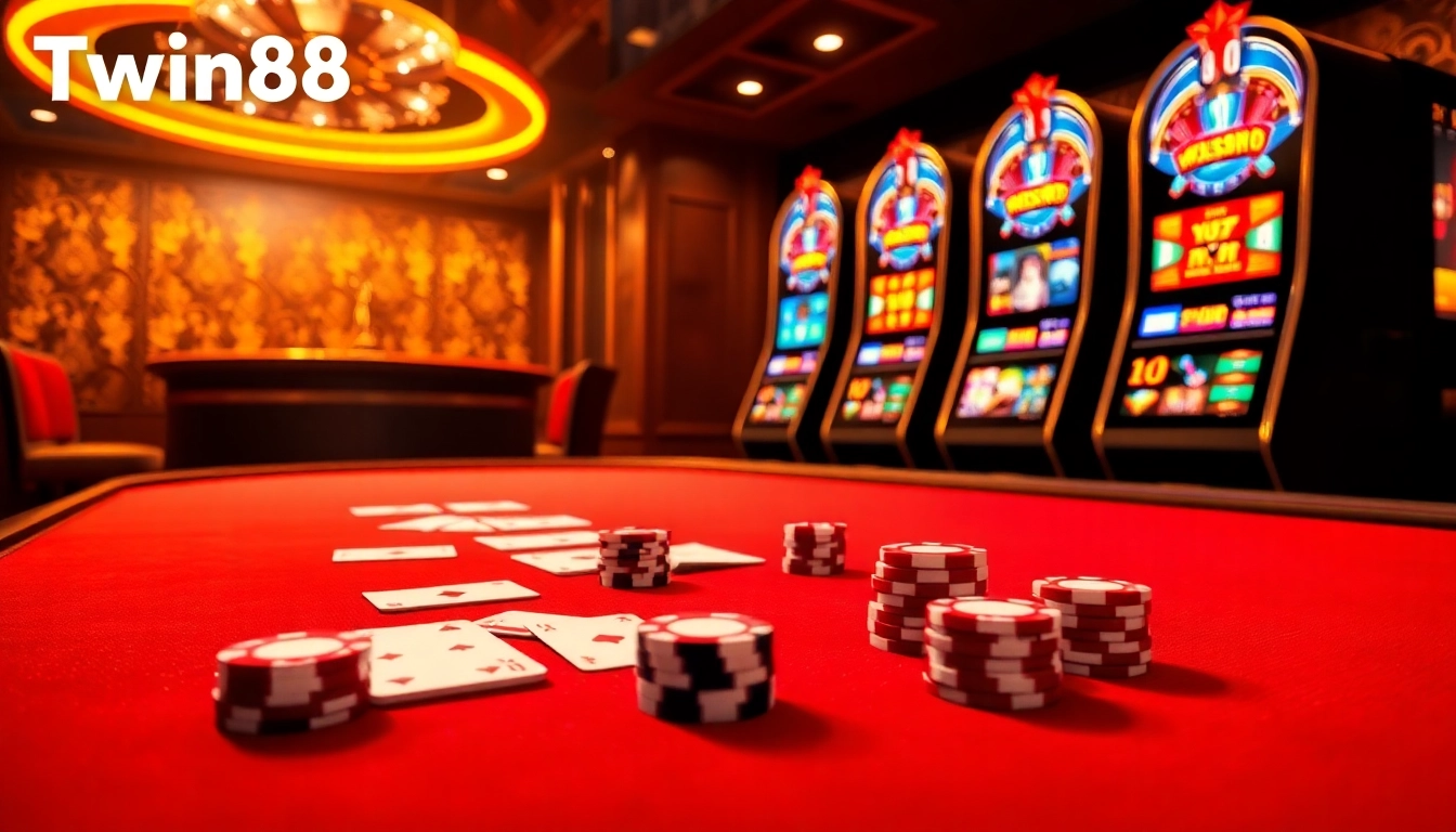 Experience the thrill of Twin68 with vibrant casino visuals featuring poker chips, cards, and roulette.