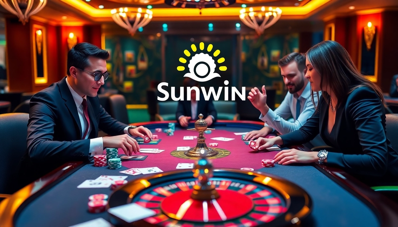 Engaging gamblers at Sunwin's luxurious casino table with poker chips and roulette.