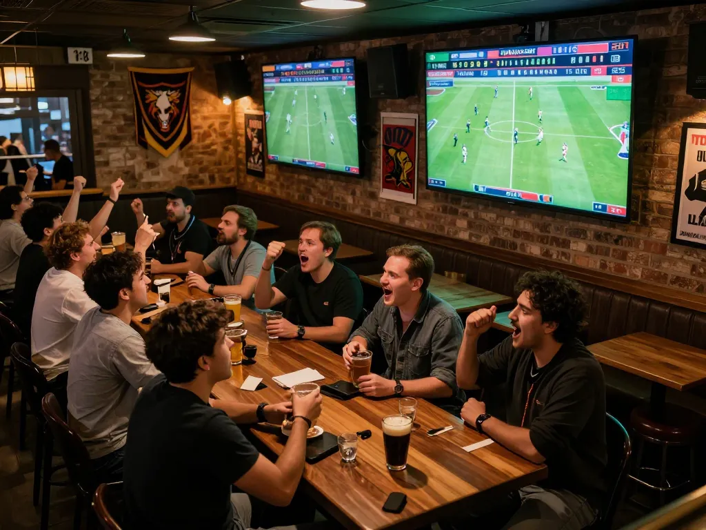 Follow live kết quả bóng đá updates in an energetic sports bar atmosphere with fans cheering for their teams
