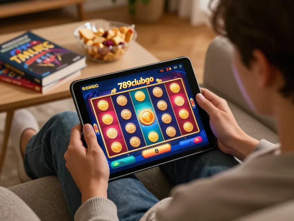Engaged player using 789clubgo app on tablet for thrilling online casino gaming experience.