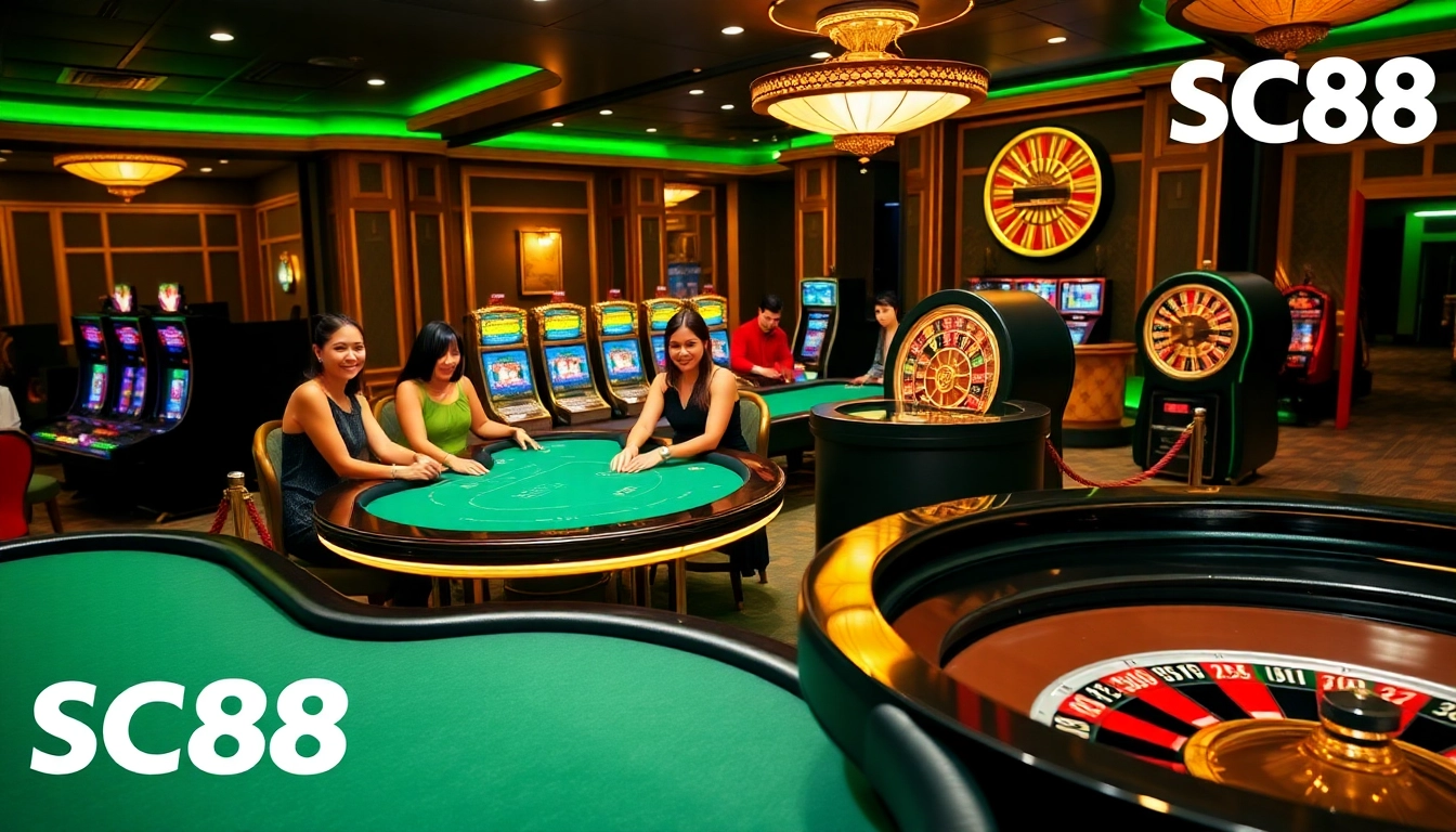 SC88 players enjoying vibrant casino games at luxurious tables and slot machines.