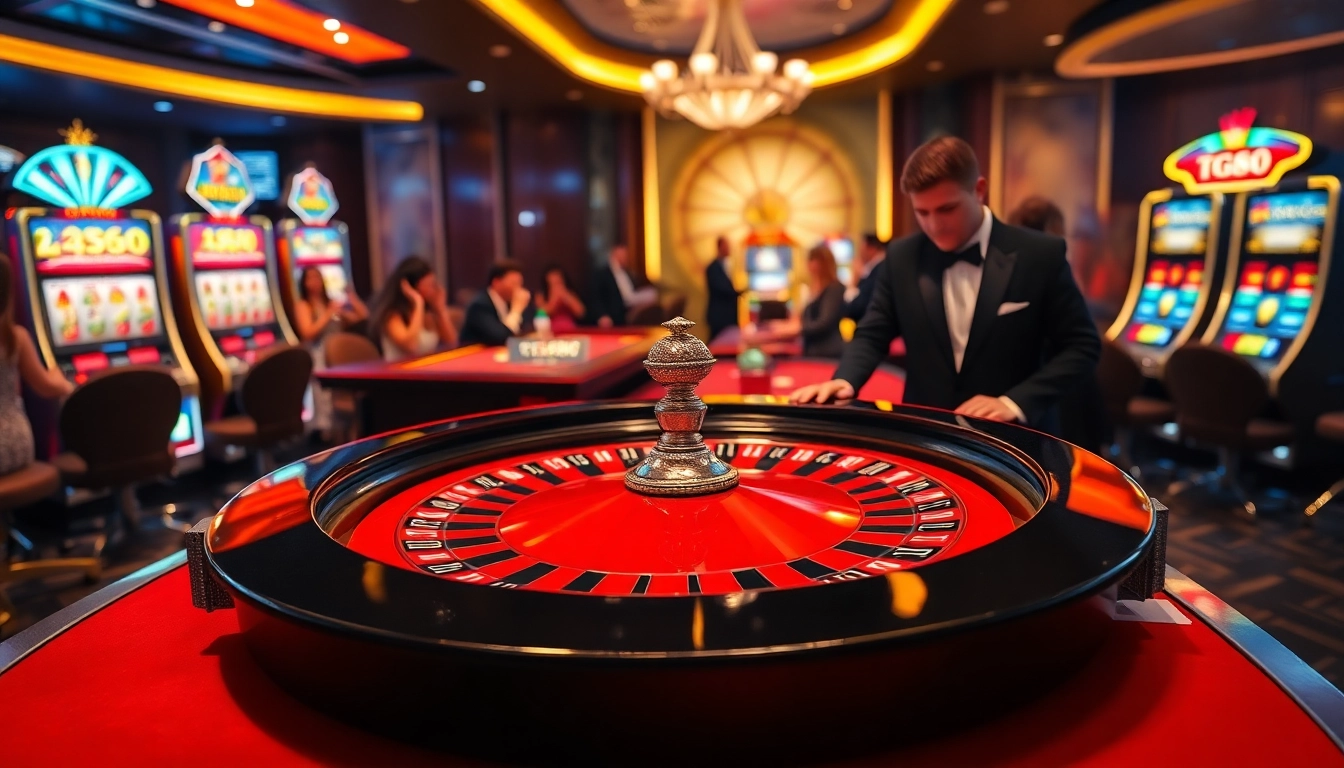 Experience the thrill of tg88 gaming with an exciting casino atmosphere featuring roulette and slot machines.