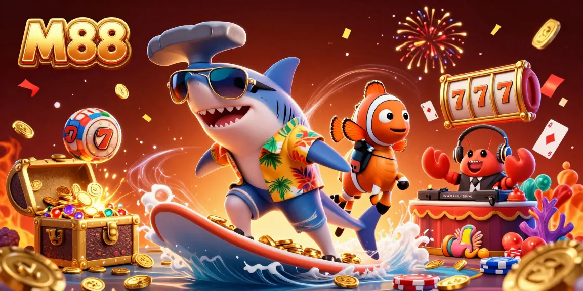 M88 casino illustration showcasing a hammerhead shark surfing on gold coins amidst dynamic gaming elements.