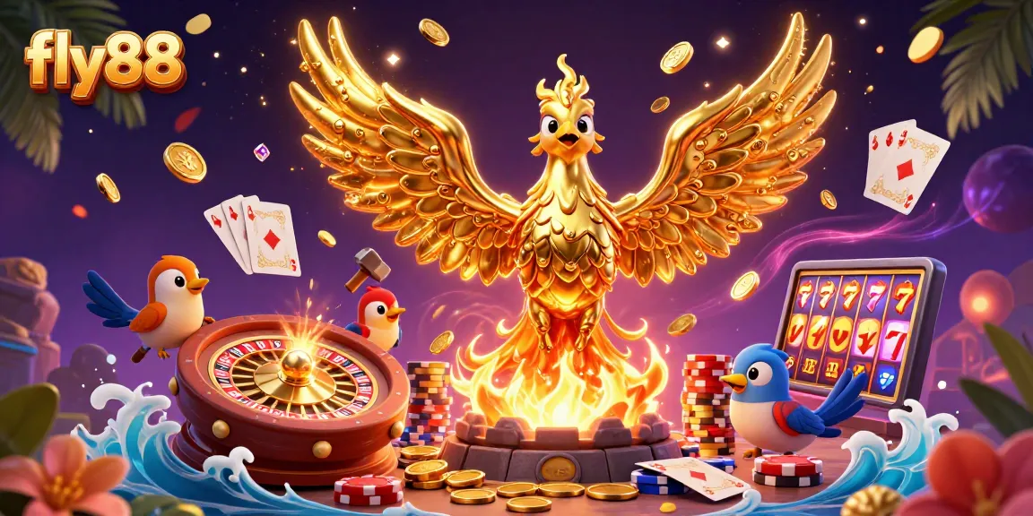 Experience thrilling casino action with fly88 as golden coins cascade around a molten phoenix.