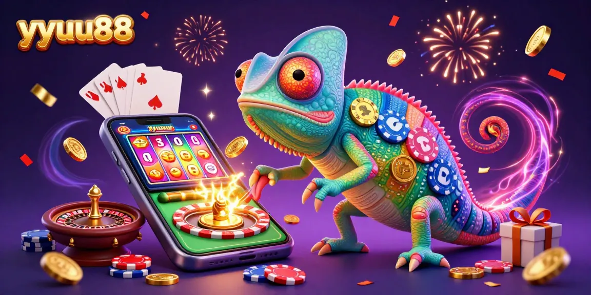 yyuu88 cartoon chameleon casino owner action, vibrant gaming scene with coins and cards