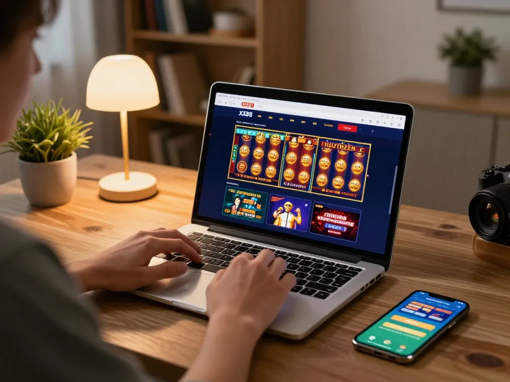 Engaging online gaming experience at XX88 casino with an inviting laptop setup and gaming tools