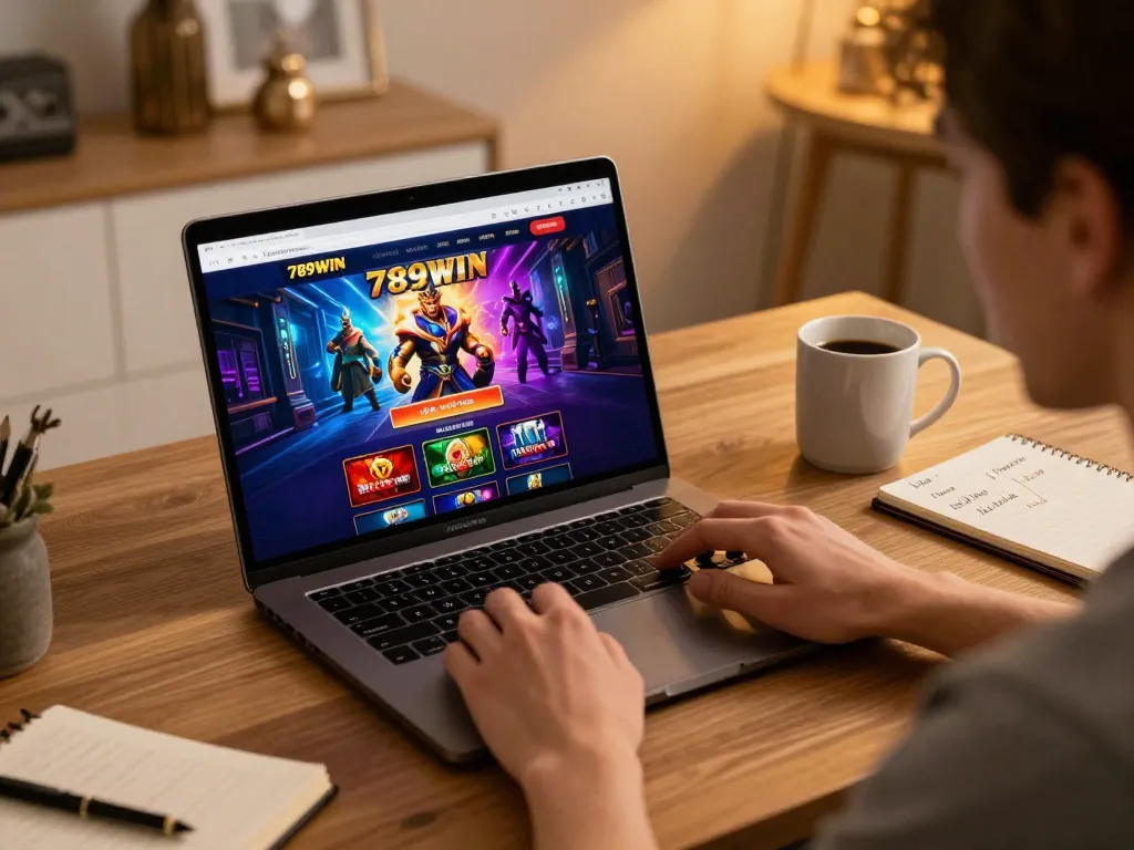 Player immersed in online gaming session at 789WIN casino on laptop in stylish home office.
