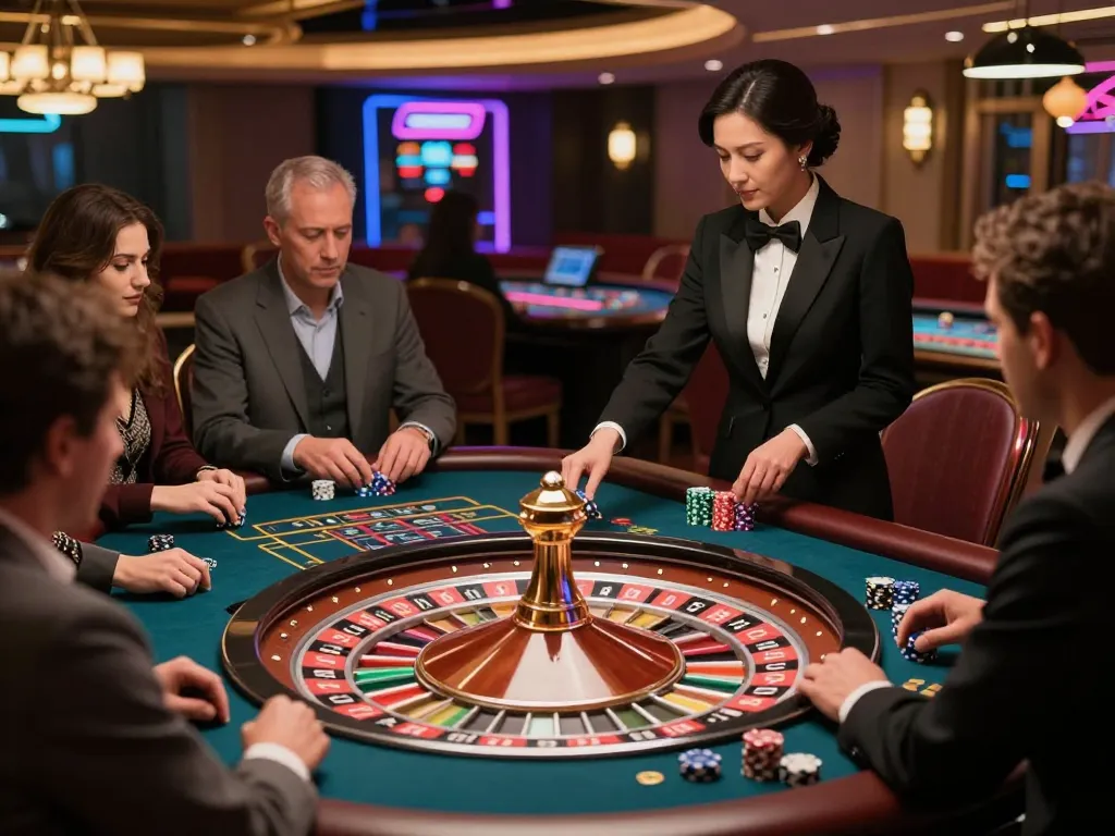 Players engaging in a thrilling roulette game at f8betz casino with a glamorous dealer managing the action.