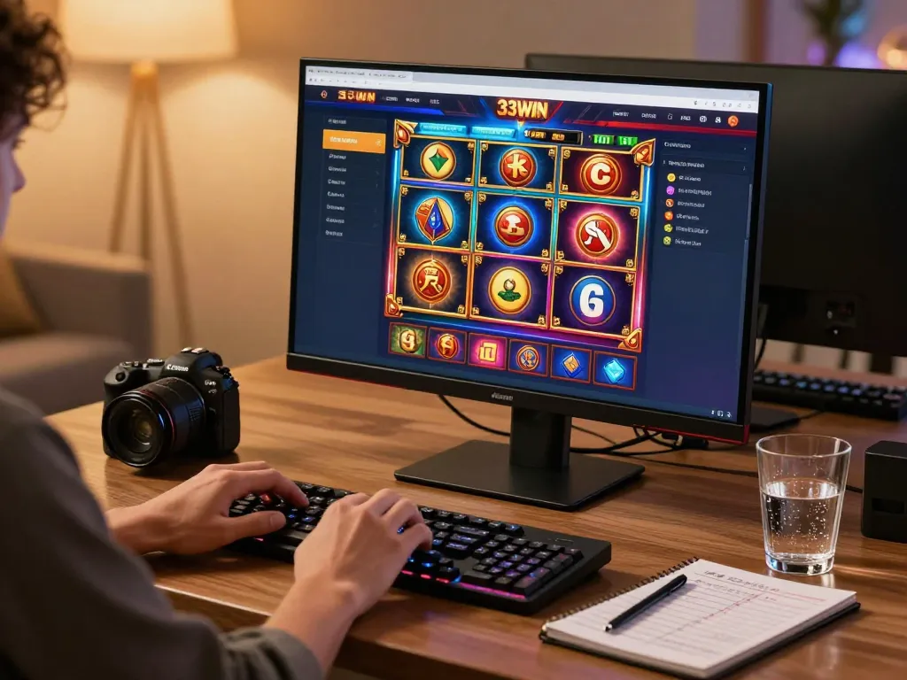 Play 33WIN casino games on a stylish online setup, showcasing vibrant graphics and strategic notes.