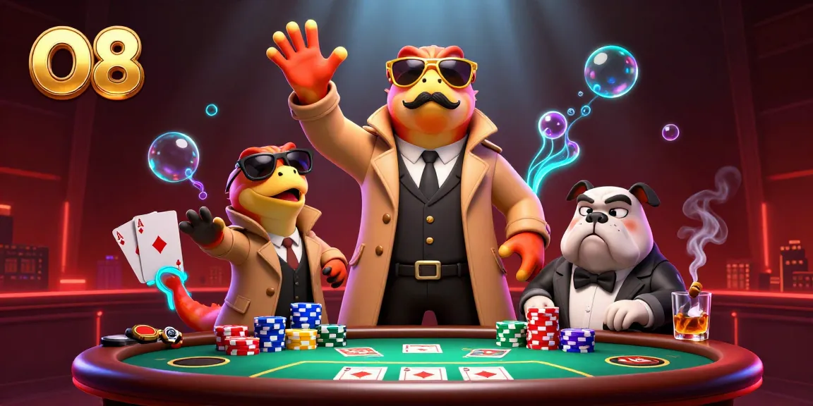 Join the fun at O8 with raptors sneaking into a VIP casino lounge, filled with vibrant poker elements.