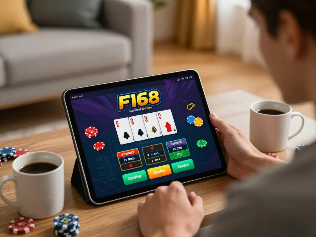 Player using the F168 app for online casino betting at home, showcasing vibrant gaming atmosphere