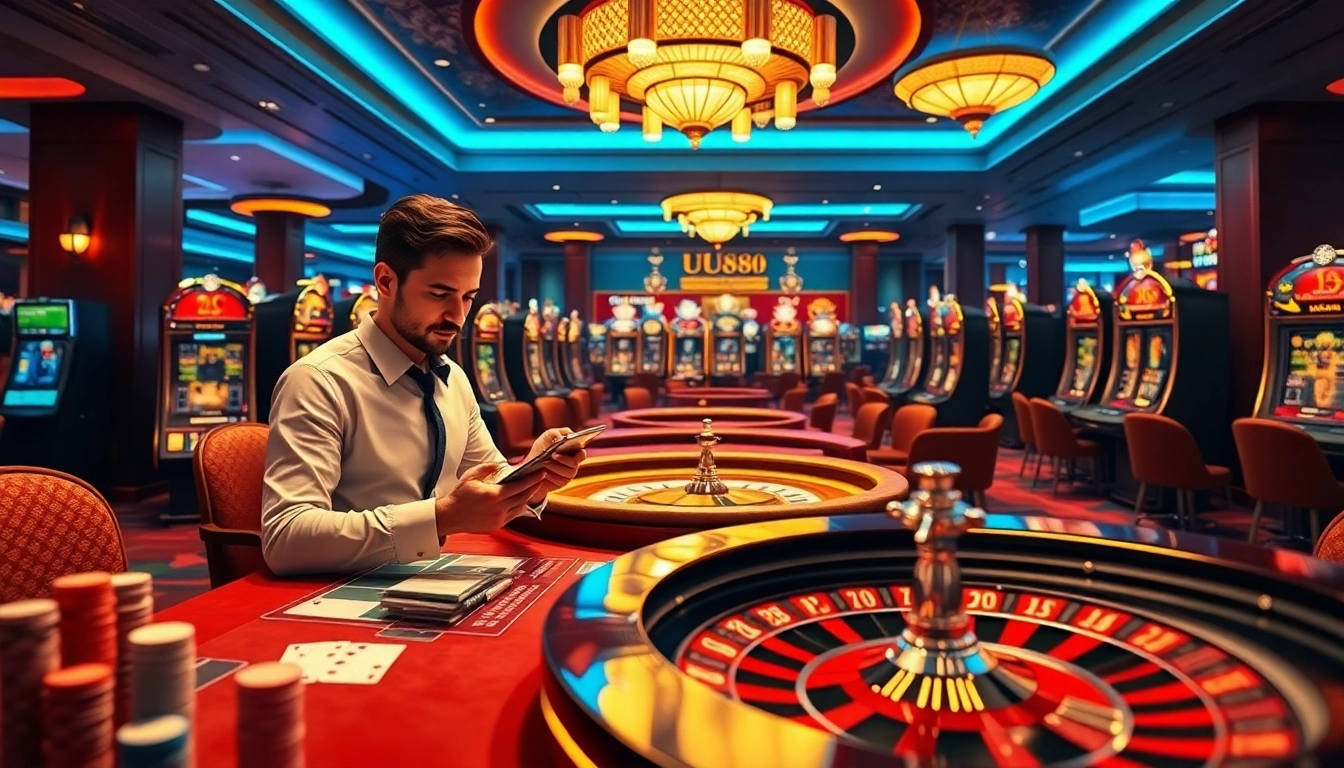 Gambler enjoying UU88 online betting experience at a luxurious casino tabletop.