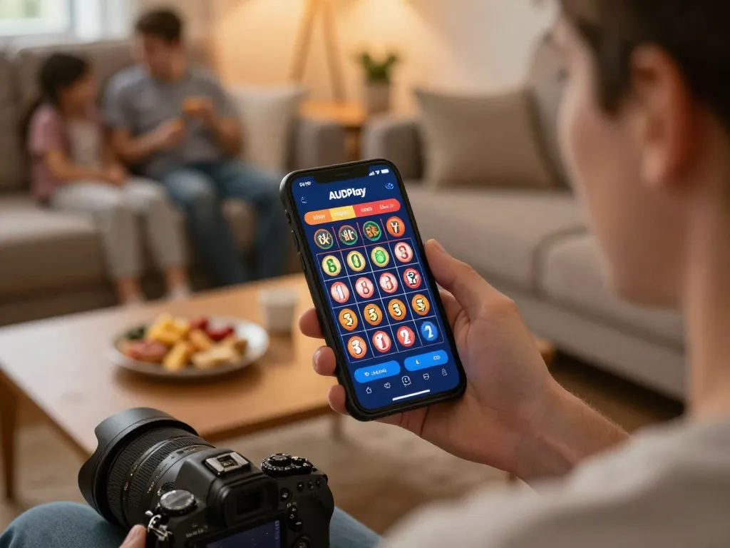 AUDPlay user enjoying online gaming on smartphone while relaxed at home, highlighting mobile convenience.
