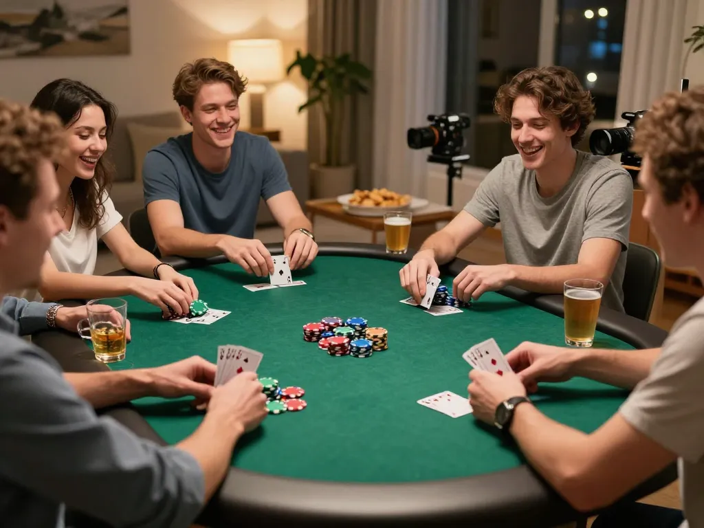 Friends enjoying a poker game night using 88vvgo for betting, colorful chips and cards visible.
