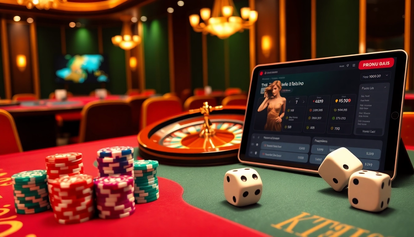Tỷ lệ kèo nhà cái displayed on an elegant casino table with poker chips and dice, showcasing betting excitement.