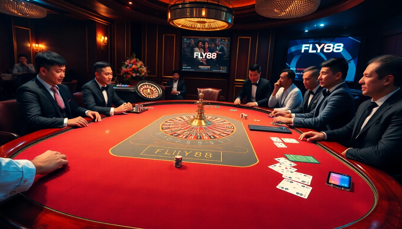 FLY88 players engage in thrilling poker action at a high-stakes casino table.