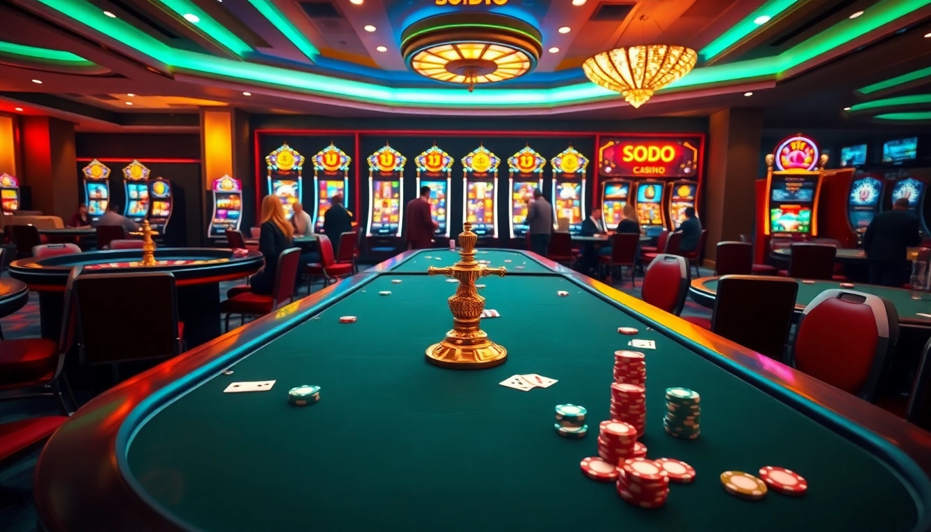 SODO Casino vibrant scene with players at busy poker tables and flashy slot machines.