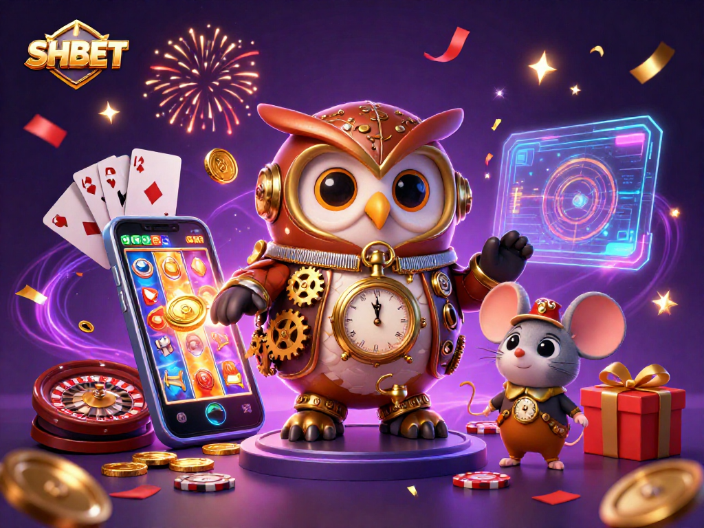 Experience the enchanting SHBET journey with vibrant casino elements and dynamic characters.