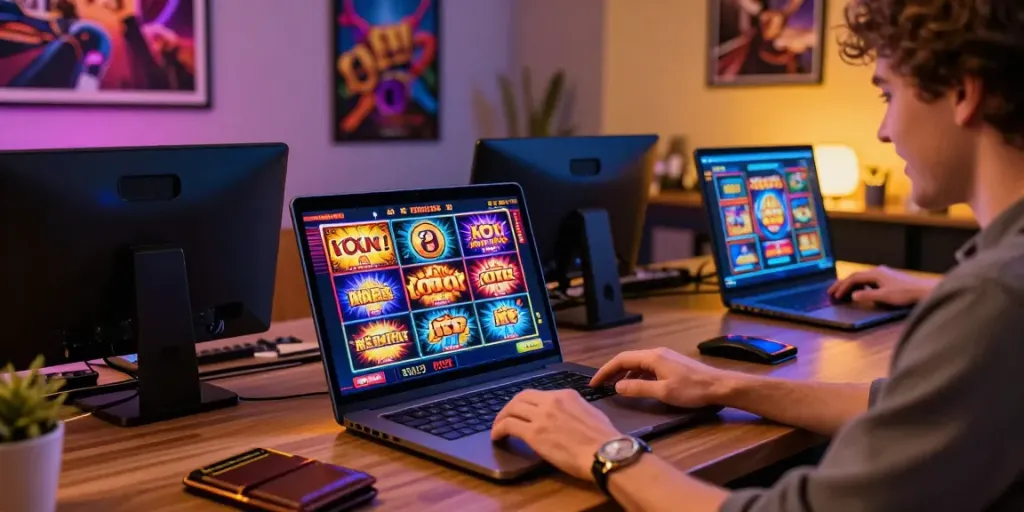 Exciting gameplay at credit card casinos UK with vibrant slot machines and a player's gaming setup.