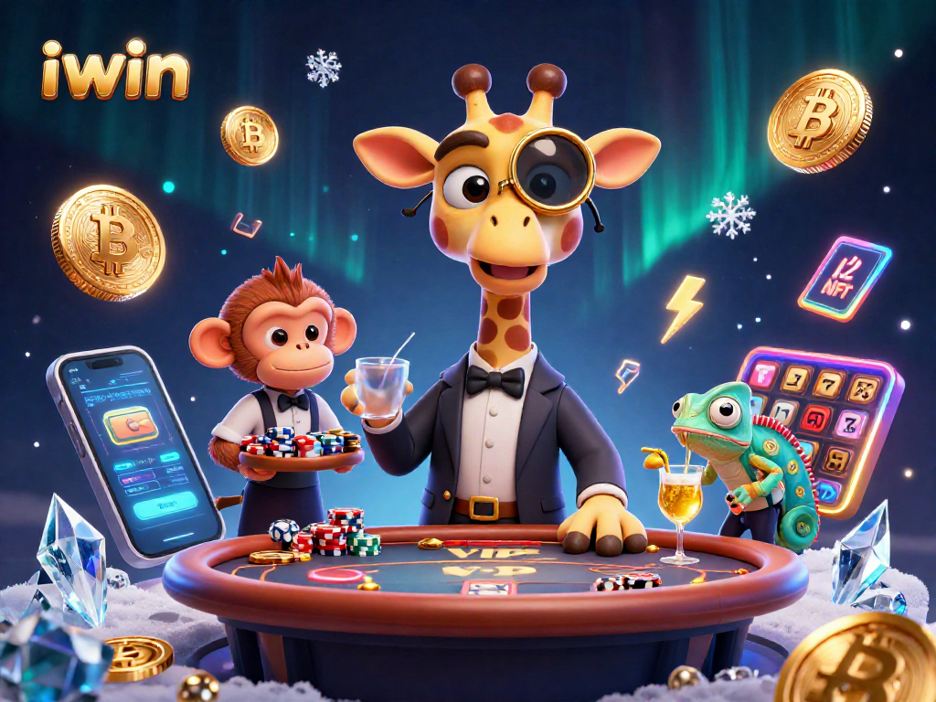 Engage with iwin's vibrant casino experience featuring a cheerful high-roller giraffe and lively elements.